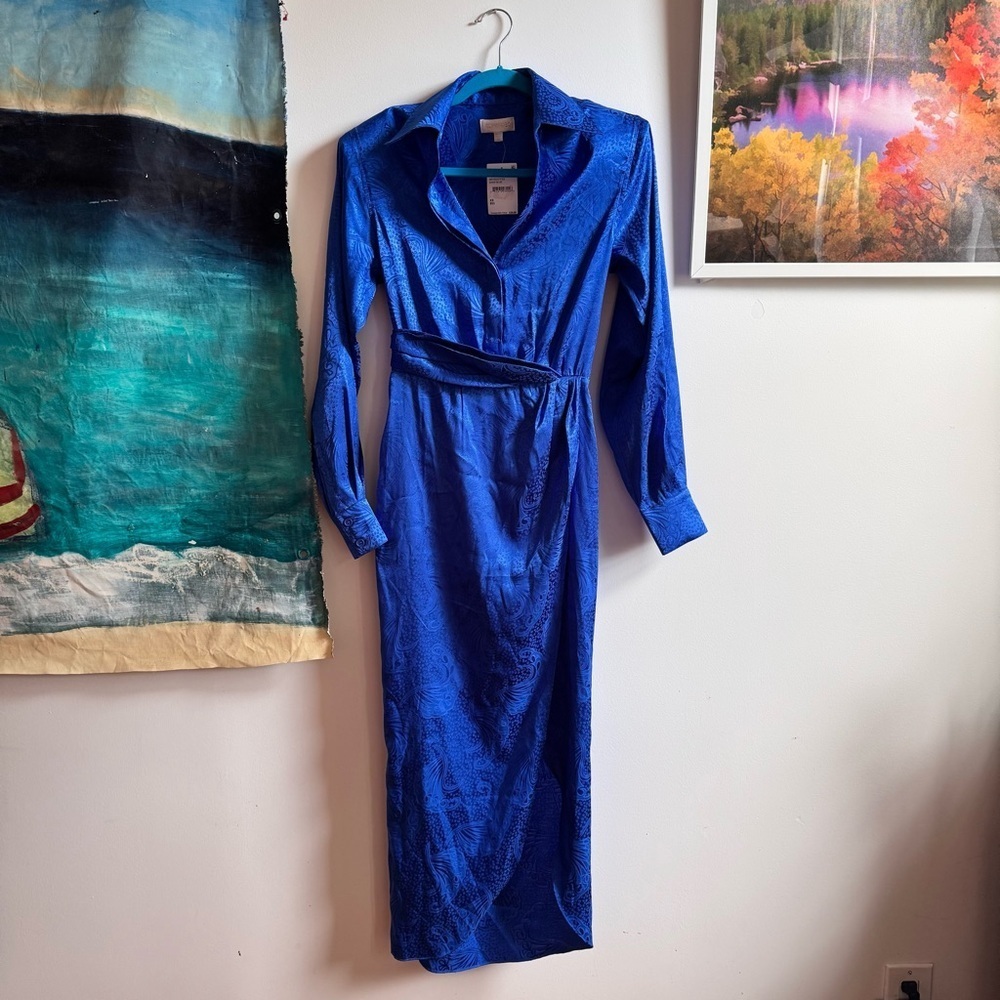 NWT RONNY KOBO Bernice Royal Blue Satin Midi Dress Long Sleeves Jacquard XS - Picture 2 of 4